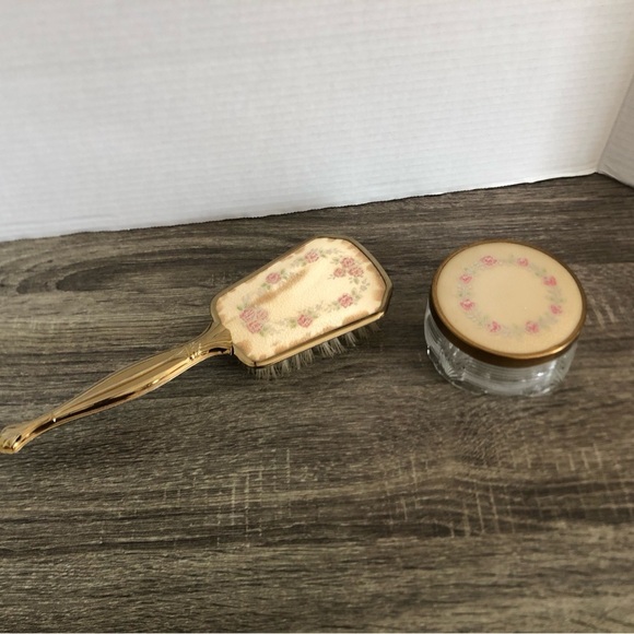 Vtg Gold Brush and Powder Jar Set with Floral Design - Picture 1 of 14